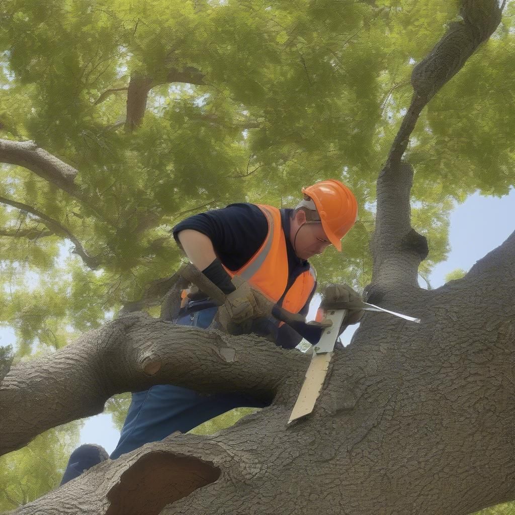 Certified arborist inspecting a broken tree limb